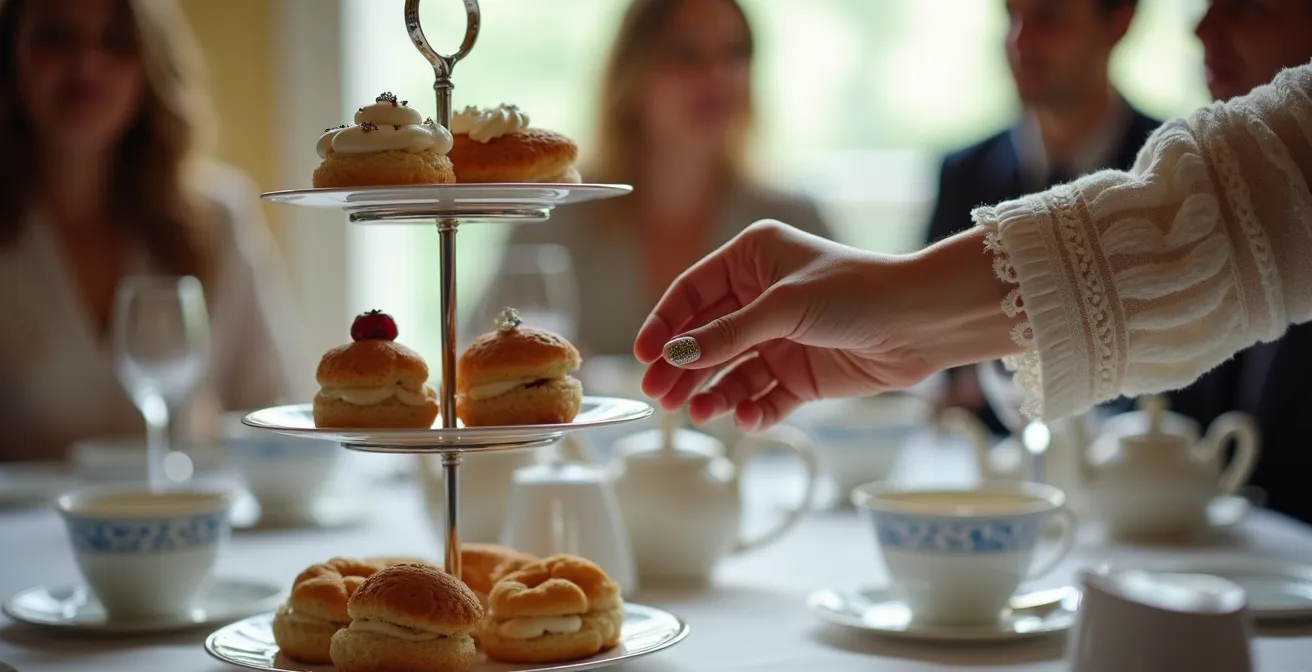 A three-tiered silver stand with properly portioned finger sandwiches, scones, and delicate pastries for afternoon tea.