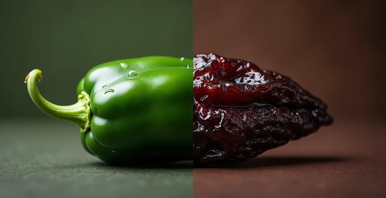 Dried ancho chile and fresh poblano pepper showing contrasting textures