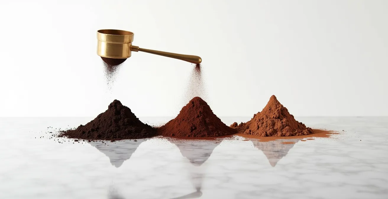 Minimalist composition showing gradient from black cocoa to natural cocoa powder