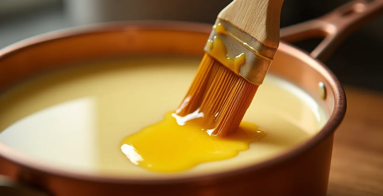 Close-up of melted butter being brushed onto the surface of a pale vanilla custard in a copper pot.