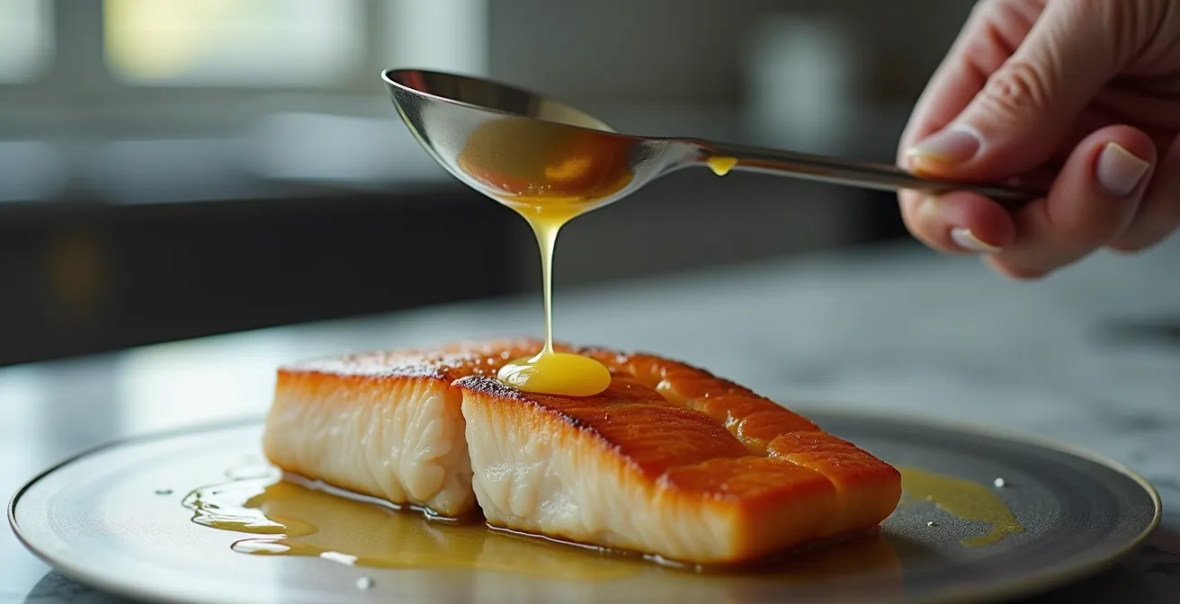 Golden-crusted fish fillet being basted with brown butter in a skillet