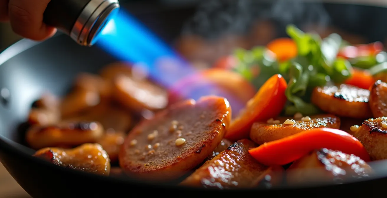 Extreme close-up of butane torch flame meeting stir-fry ingredients in carbon steel wok