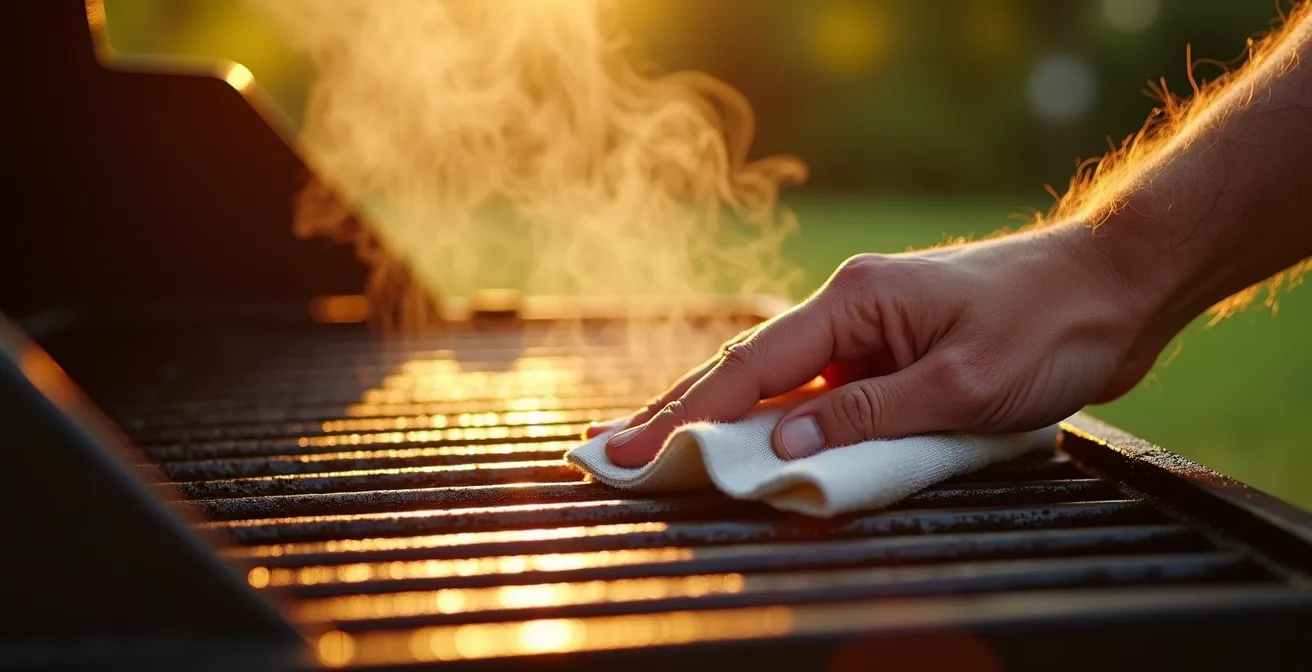 Hand applying oil to warm cast iron grill grates with visible heat shimmer