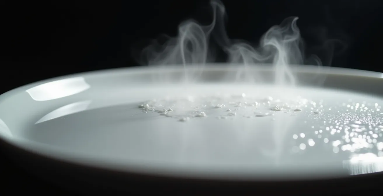 Close-up of a pre-warmed ceramic platter with visible steam rising from hot food