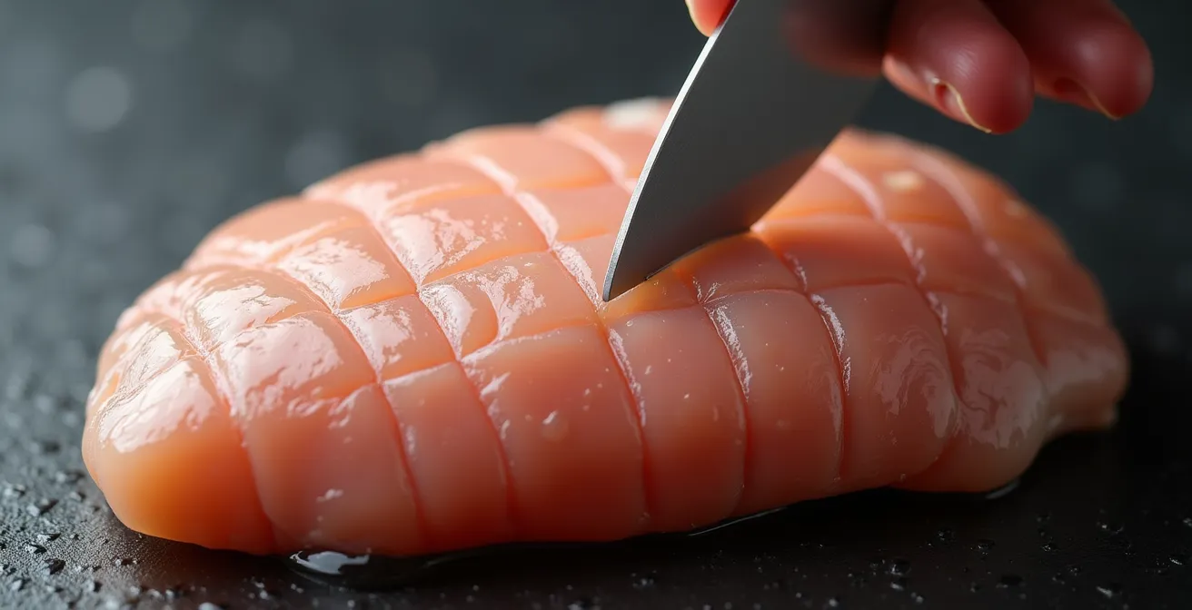 Macro shot of crosshatch scoring pattern on raw chicken breast