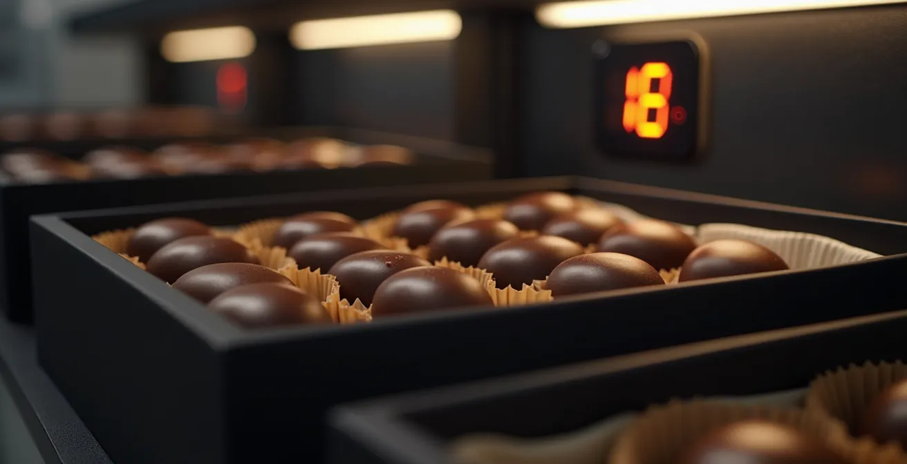 Professional chocolate storage setup with organized boxes and optimal conditions visible