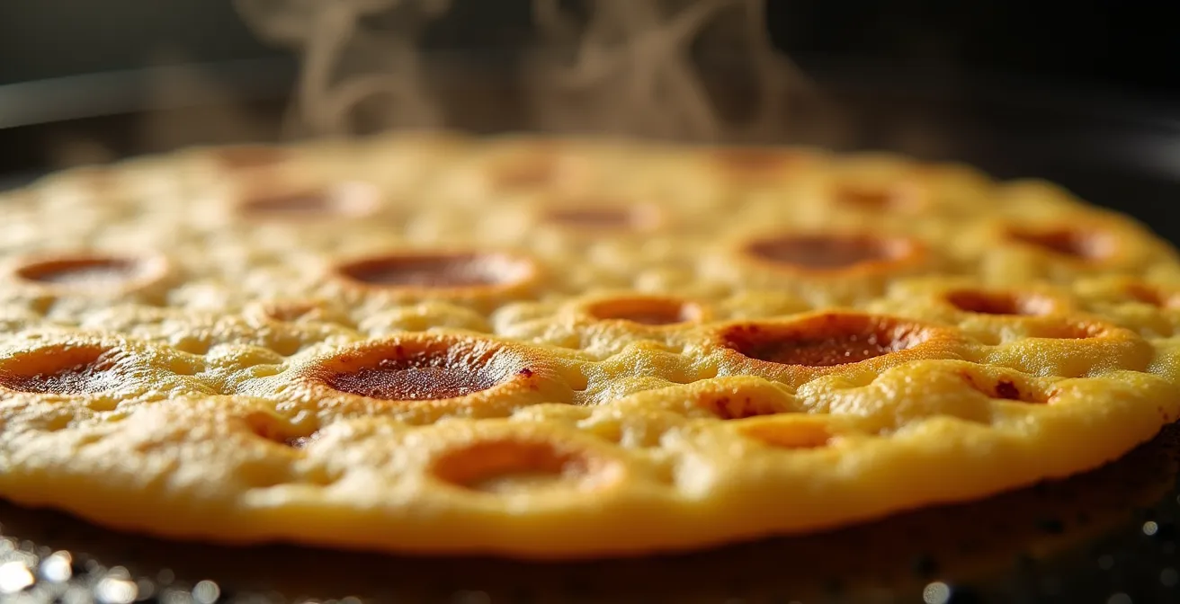 Close-up macro shot of a corn tortilla on a traditional comal showing the characteristic toasted spots and steam rising