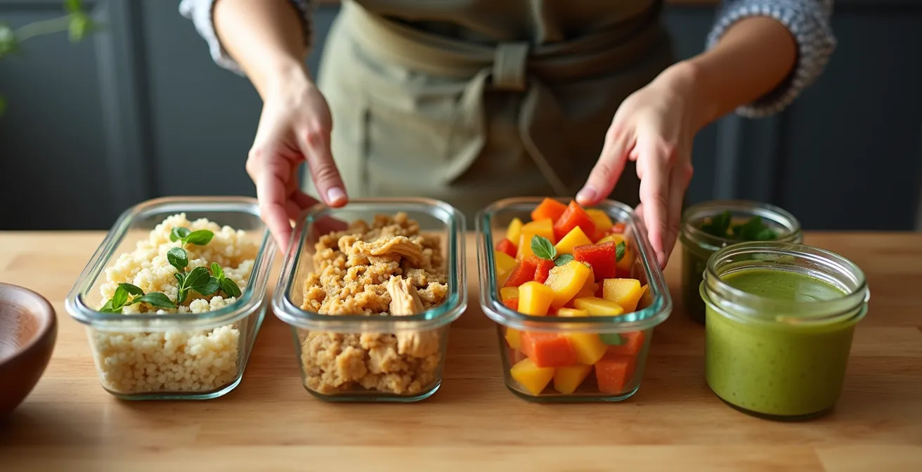Organized meal prep containers showing separate components ready for mix-and-match assembly throughout the week