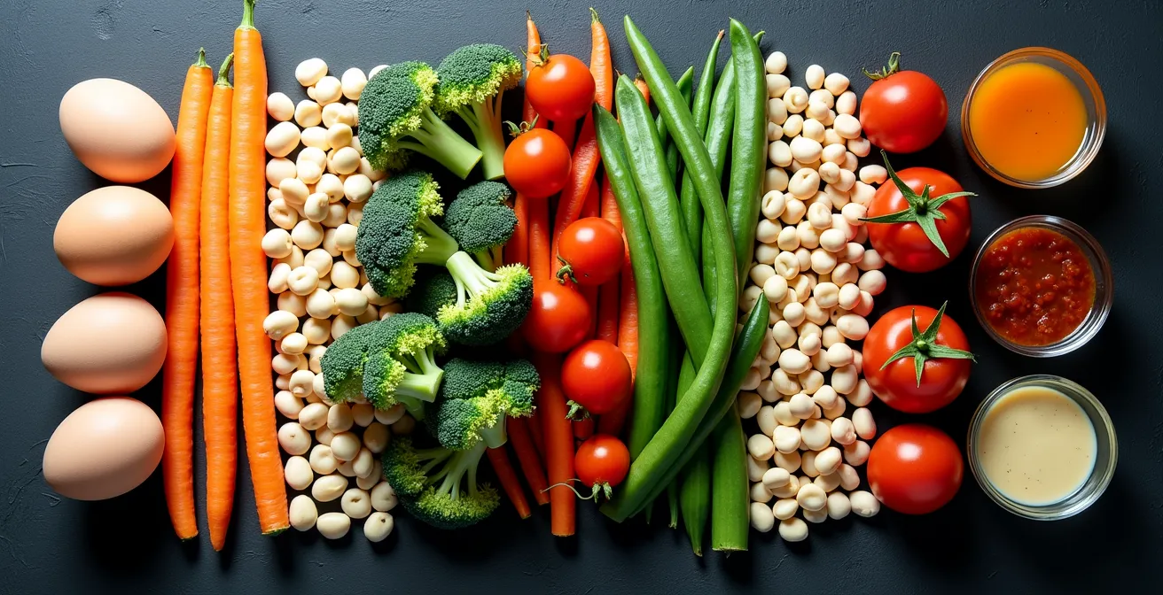Visual representation of a simplified meal planning matrix with three columns showing quick protein, vegetable, and sauce options