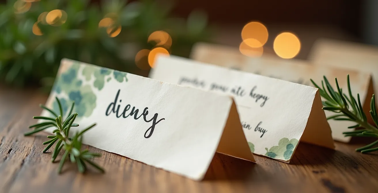 Beautifully arranged dietary preference cards on a wooden surface with herbs