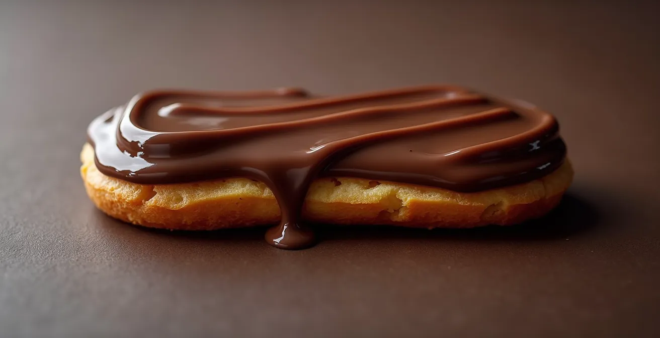 Extreme close-up showing the glaze wave effect on a chocolate éclair from double dipping