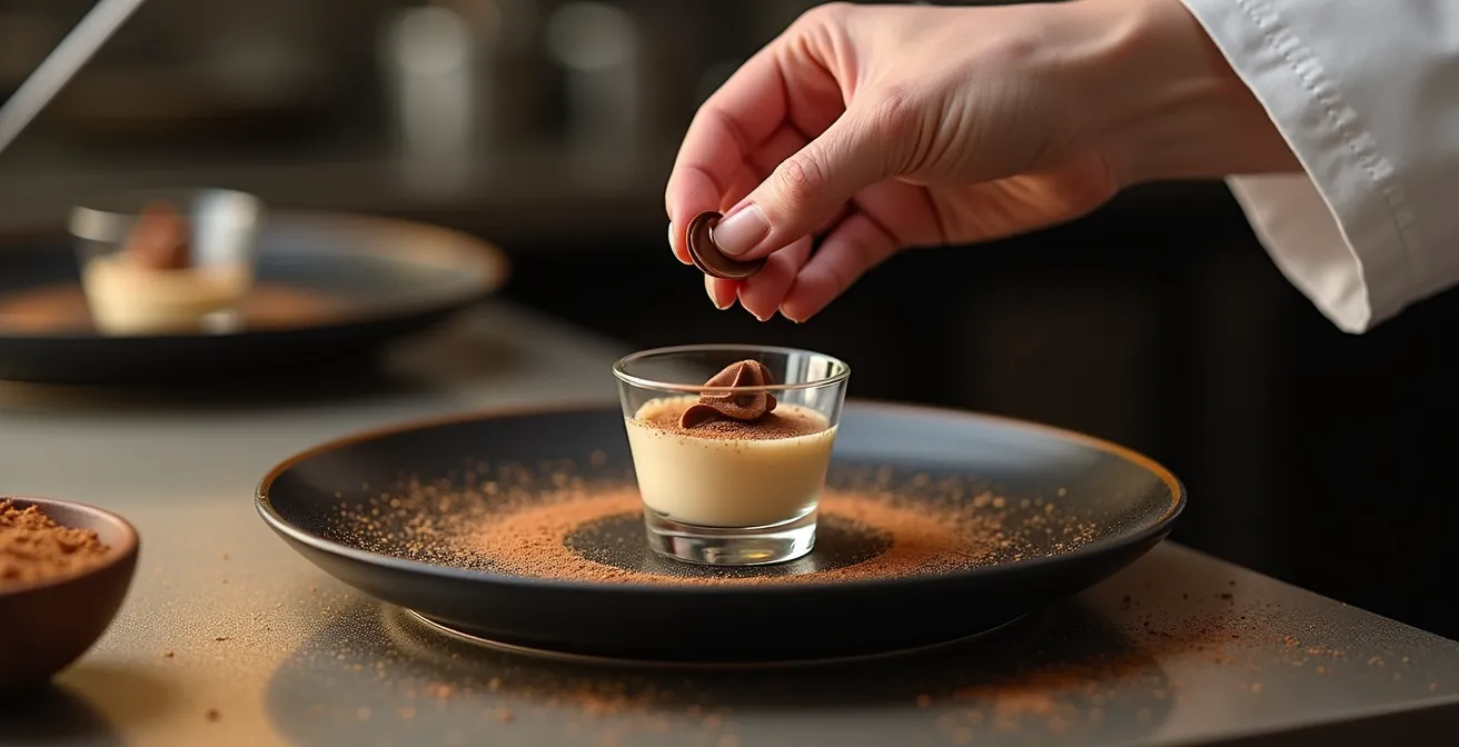 An elegantly presented chocolate mousse, garnished with a single, delicate chocolate curl and a light dusting of cocoa powder.