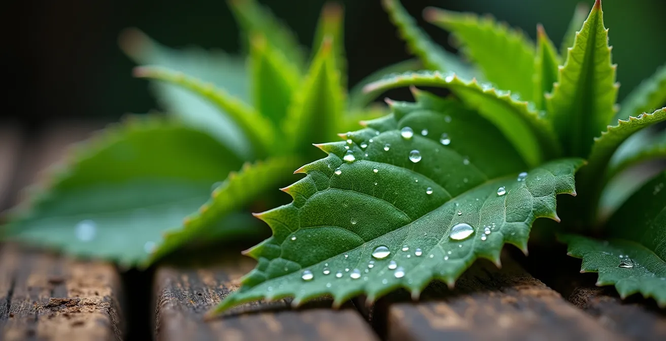Fresh epazote leaves showing their distinctive serrated edges and aromatic oils