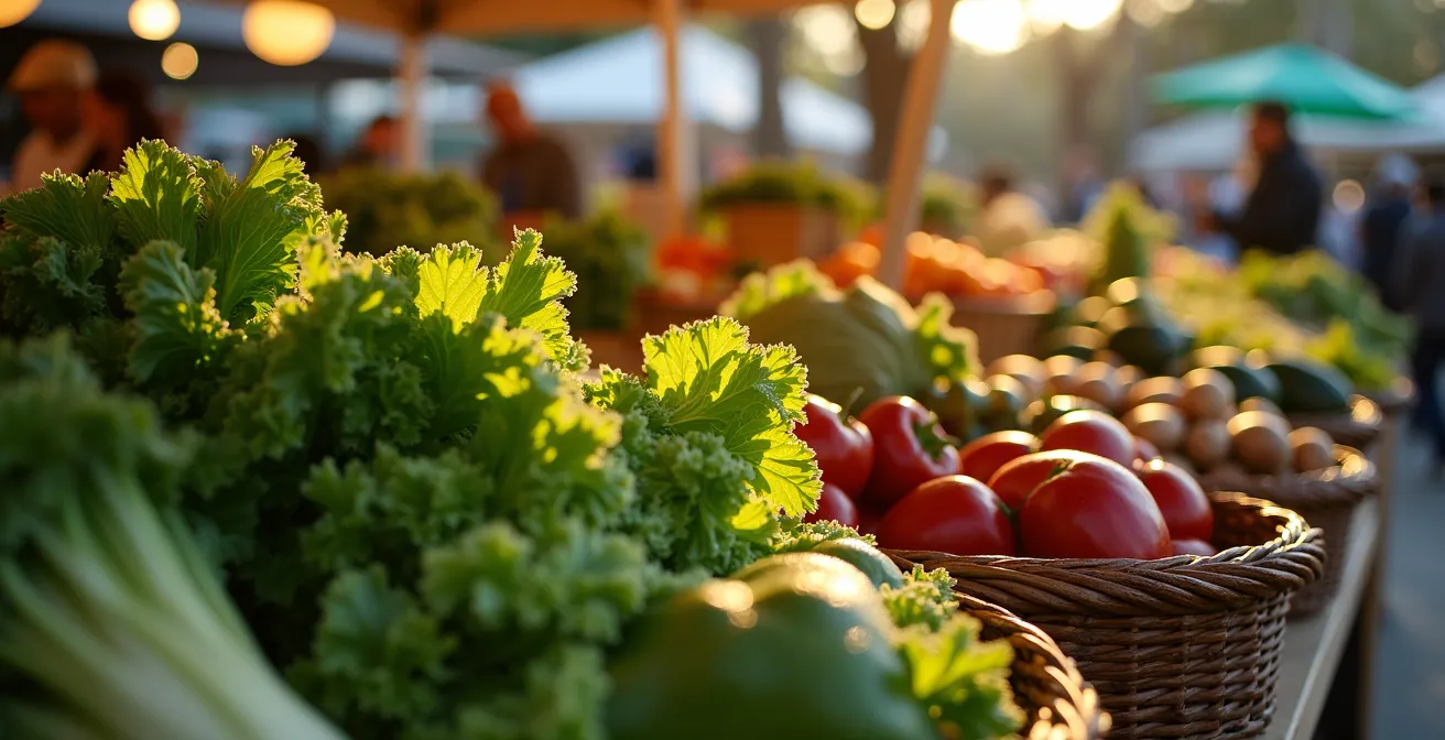 Wide angle view of abundant fresh vegetables at farmers market in morning light