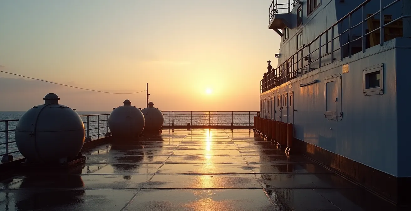 Wide angle view of commercial fishing vessel deck with freezing equipment