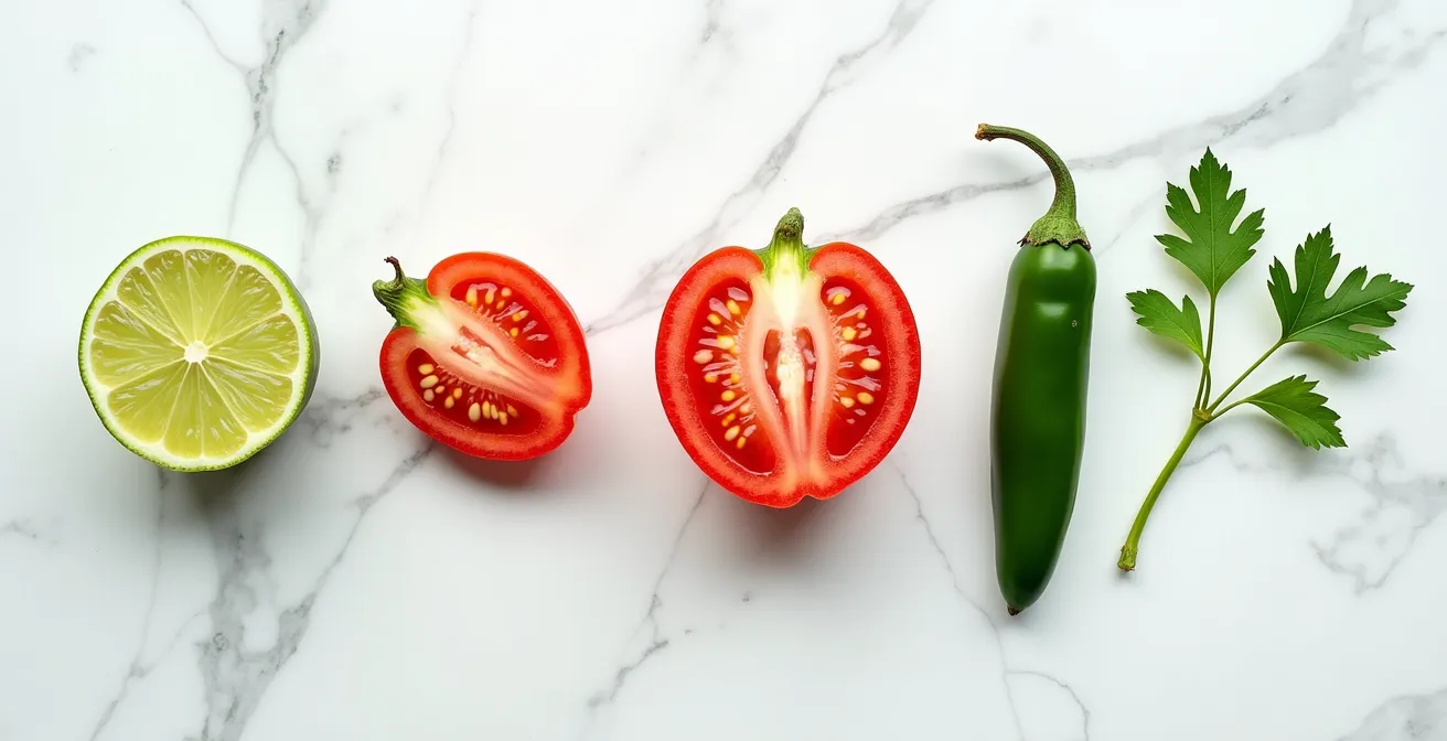Fresh salsa ingredients with halved limes and ripe tomatoes on clean surface