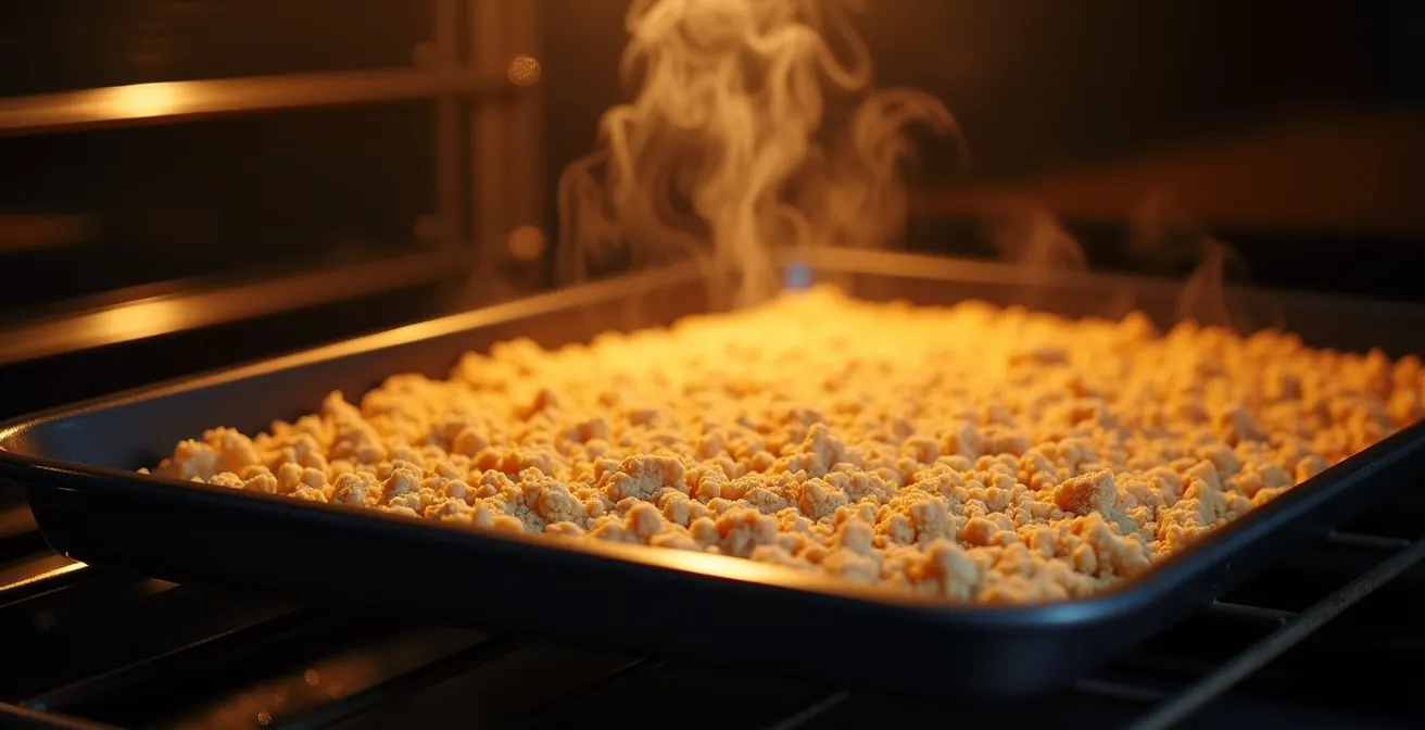 Crumble topping spread on baking sheet showing transformation from moist to golden crispy texture