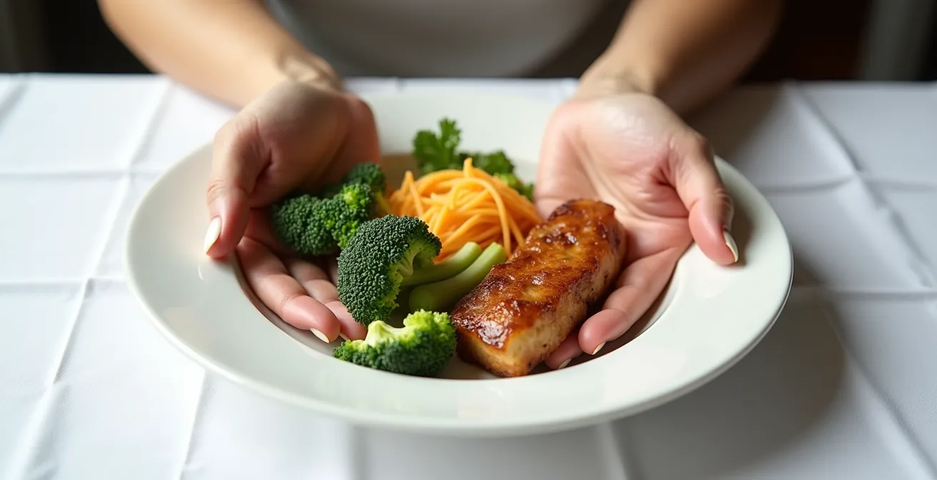 Close-up of hands demonstrating portion sizes using palm and fist measurements against restaurant plate