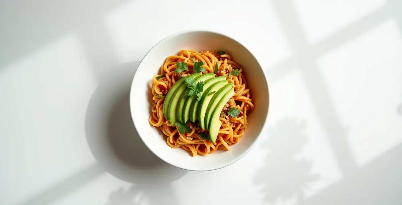 Minimalist overhead view of a perfectly balanced fusion bowl showing clear flavor hierarchy
