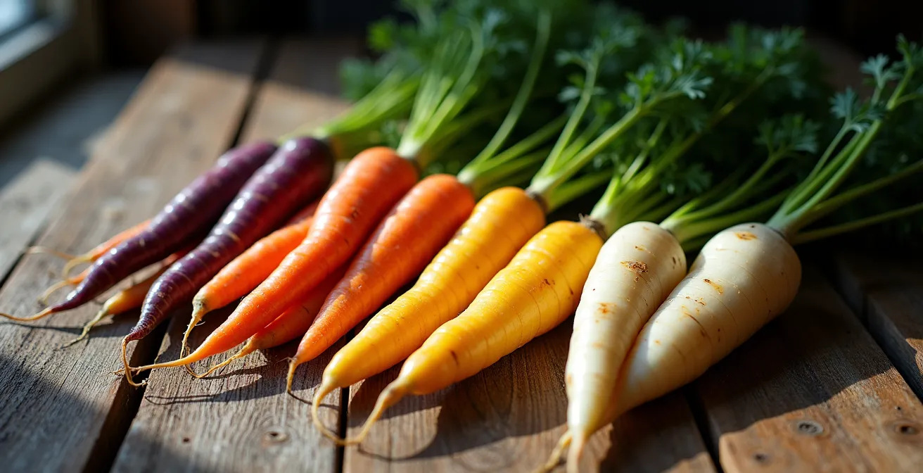 Array of multicolored heirloom carrots arranged artistically on a wooden surface