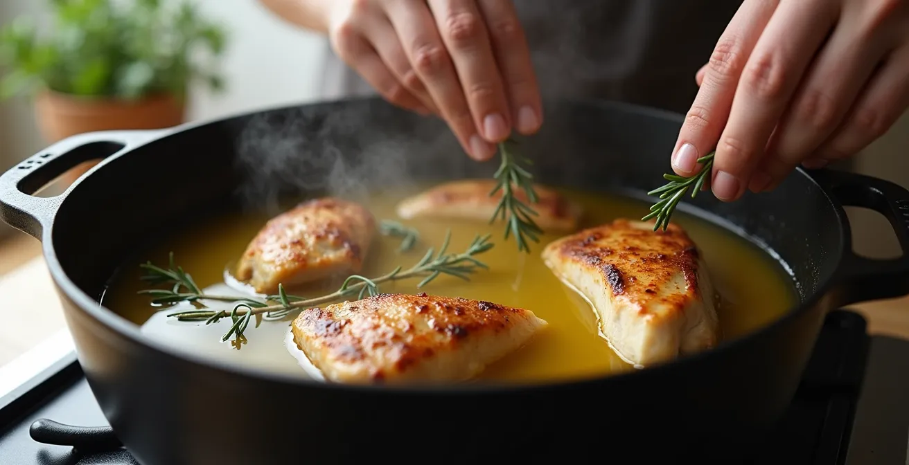 A cast iron pan showing vegetables or meat half-submerged in an aromatic broth with a thin layer of golden oil on top, creating a 'faux confit'.