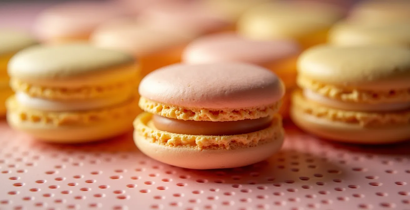 Close-up comparison of macaron feet development on silicone baking mat