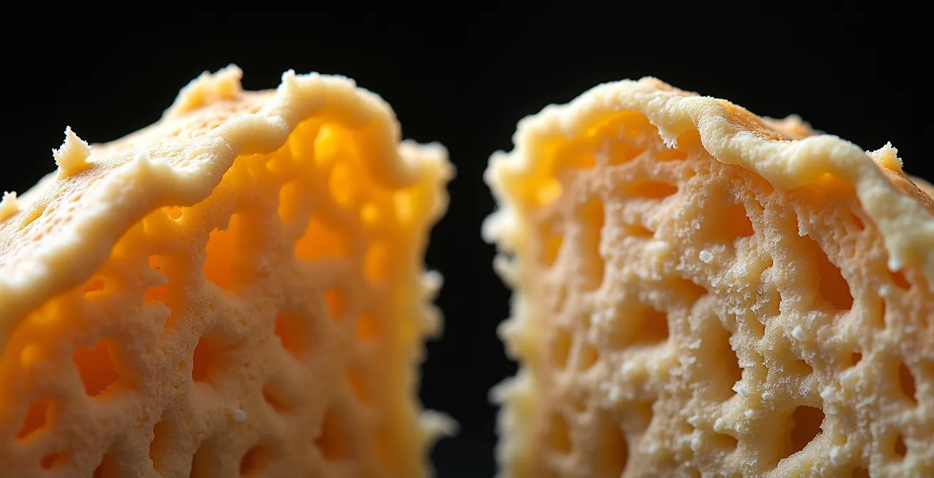 Extreme close-up of fat crystal structures in pastry dough, showing lard's large, flaky pockets versus shortening's dense texture.