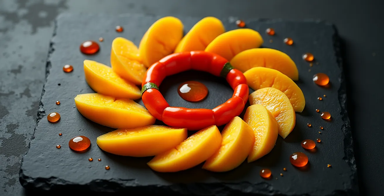 Fresh mango slices intertwined with vibrant orange habanero peppers showing tropical pairing