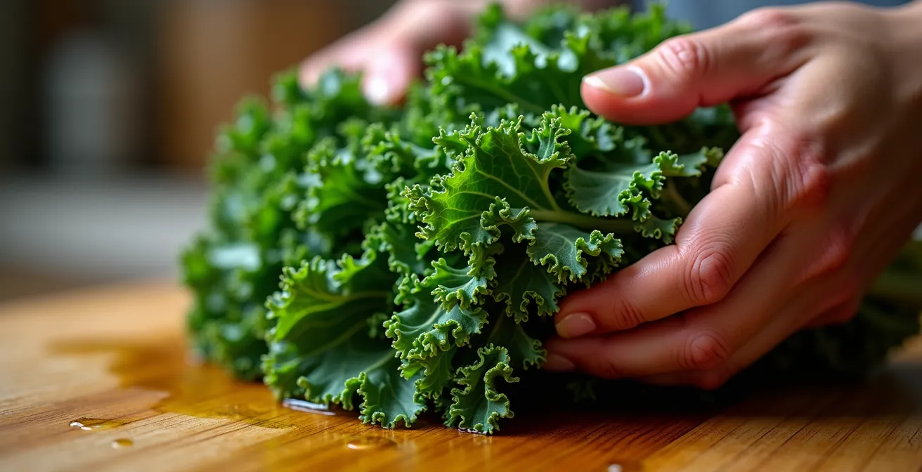 Hands massaging fresh kale leaves with oil showing the texture transformation