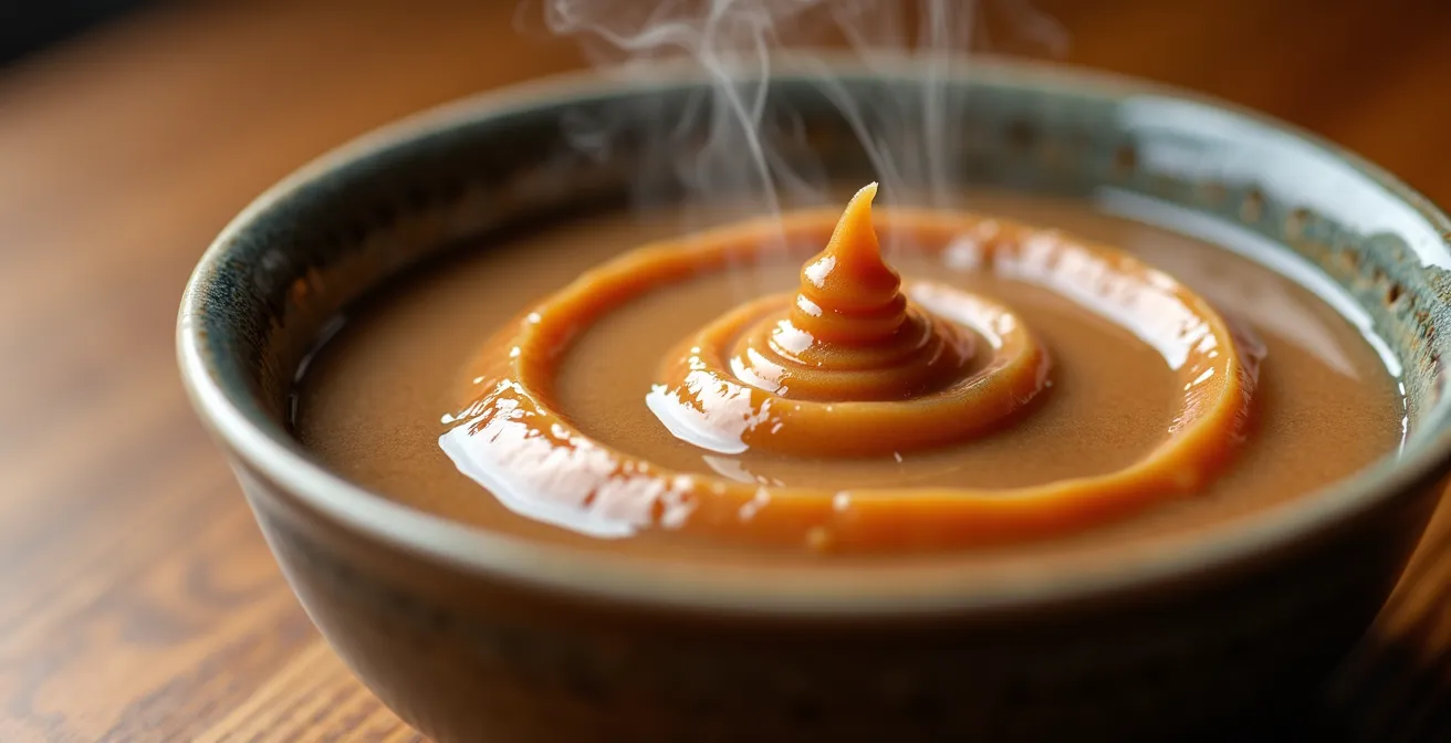 Visual comparison of miso soup at different temperatures showing probiotic activity levels