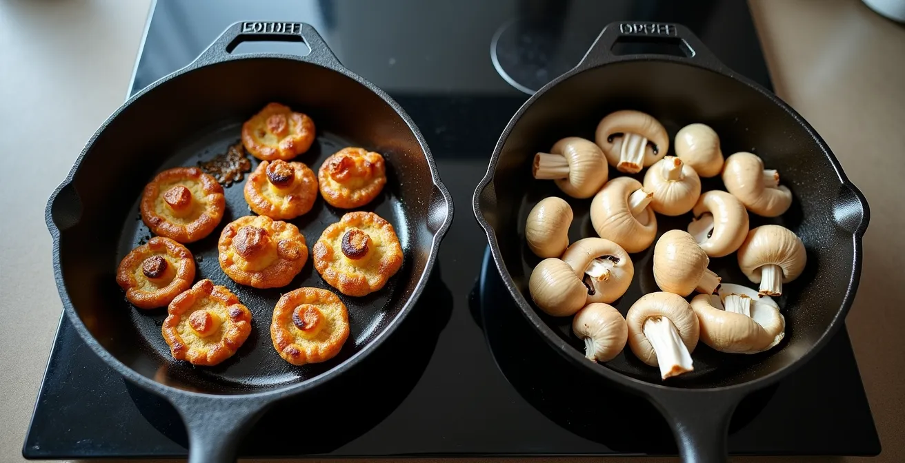 Side by side comparison of mushrooms showing proper golden browning versus steamed pale mushrooms