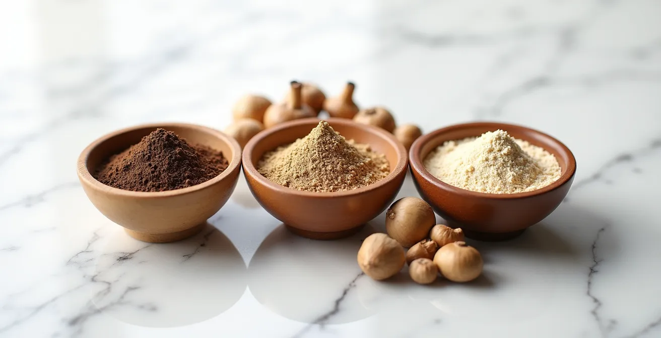 Three different mushroom powders in wooden bowls showing color and texture variations