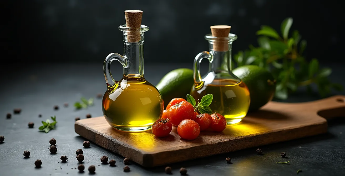 Glass bottles of golden olive oil and green avocado oil side by side