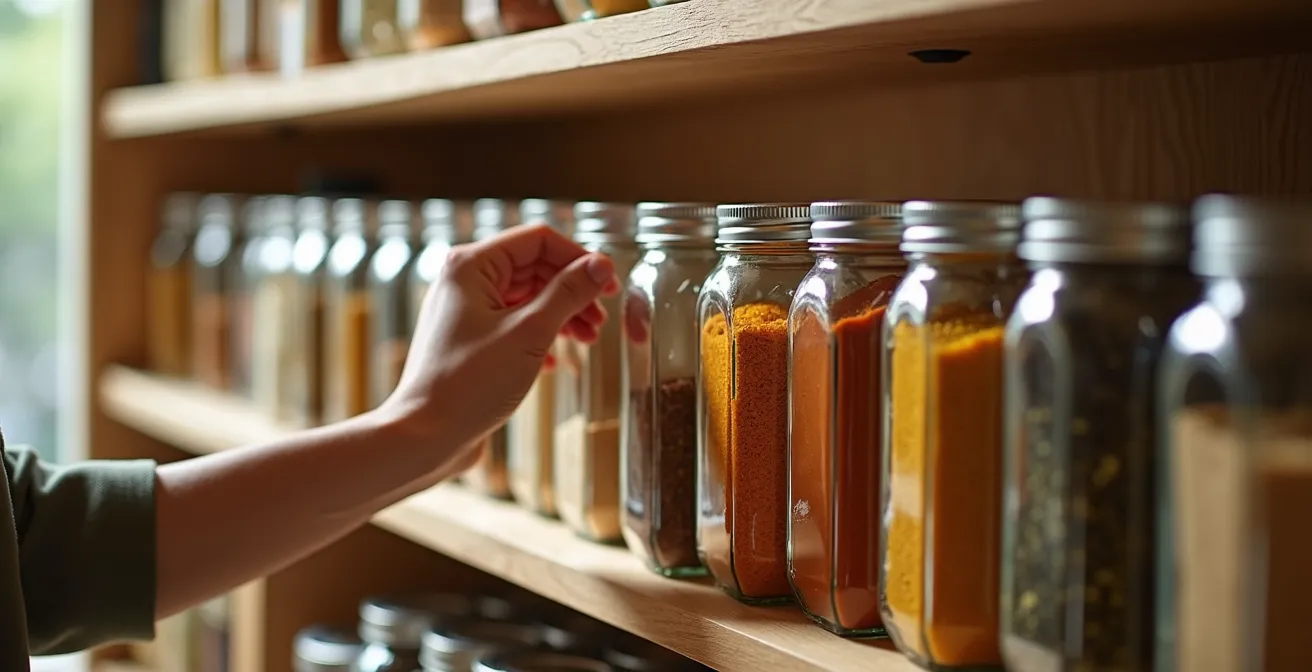 Minimalist pantry with organized rows of glass jars containing colorful spices and condiments