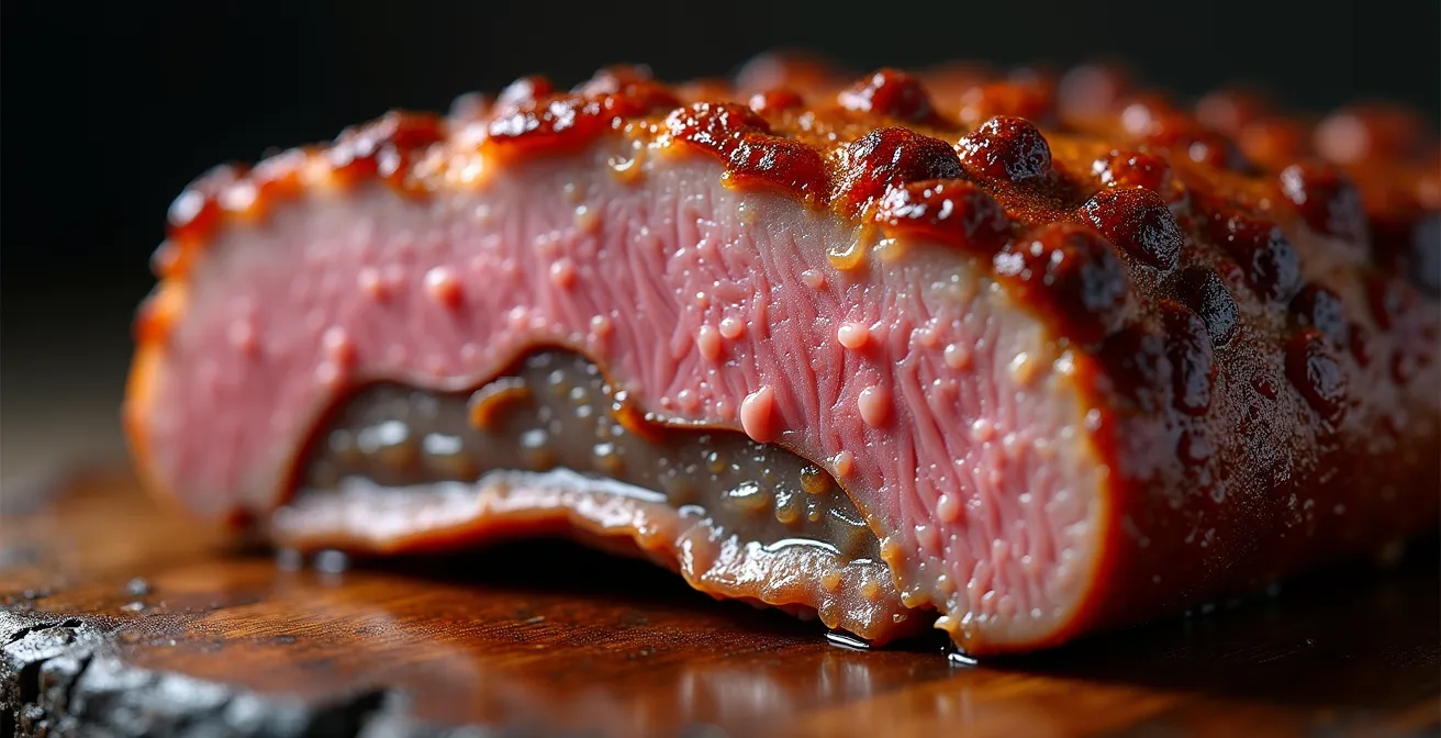 Extreme close-up of brisket bark showing caramelized spice crust with visible smoke ring