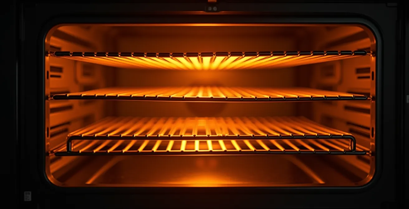 Side view of oven interior showing three rack positions with heat distribution patterns