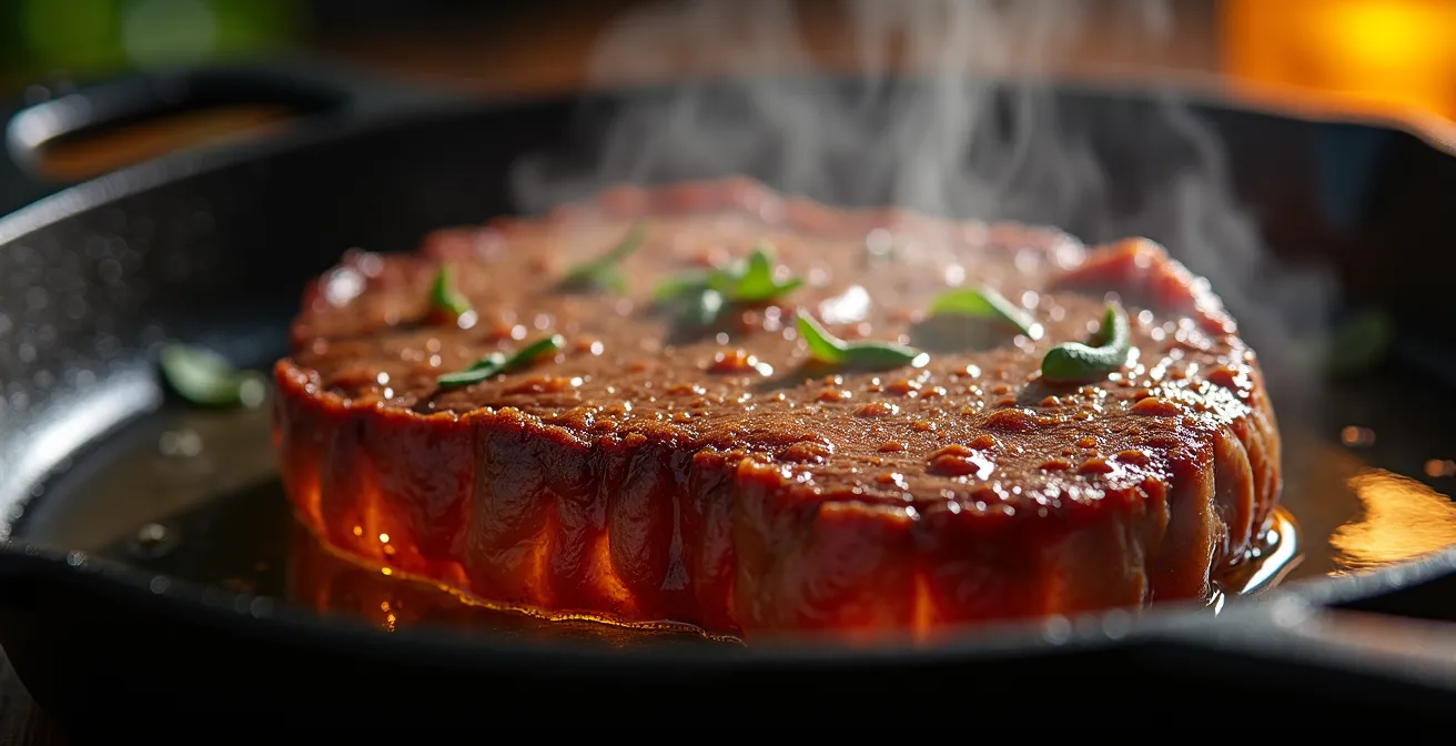 Close-up of steak searing in hot pan showing Maillard reaction browning