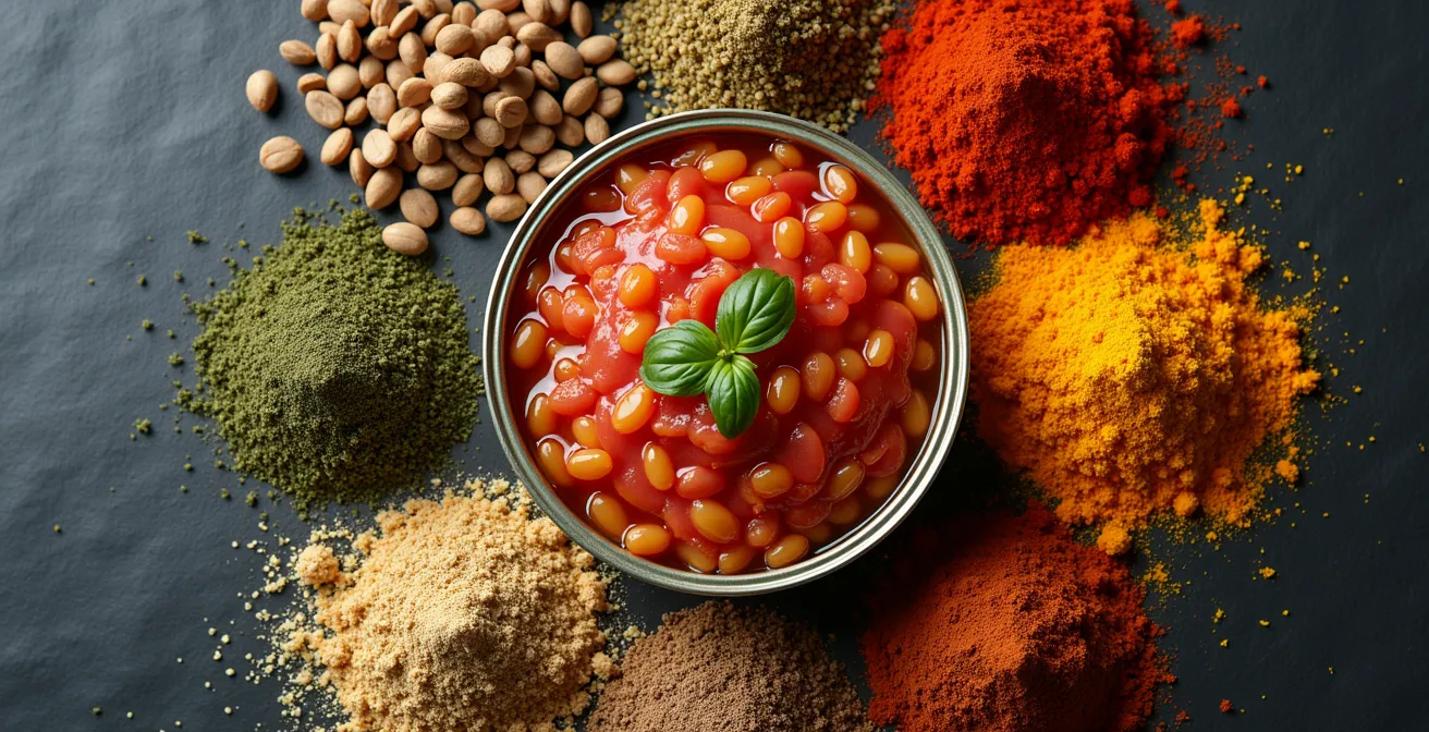 Artistic arrangement of basic pantry ingredients with three distinct spice groupings representing different cuisines