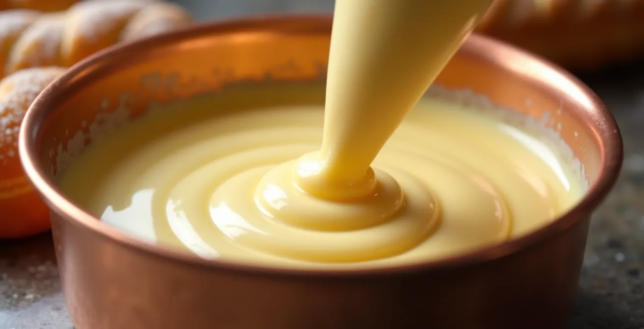 A clean finger dragging through thick, golden pastry cream in a bowl, showing a clear trail that holds its shape.
