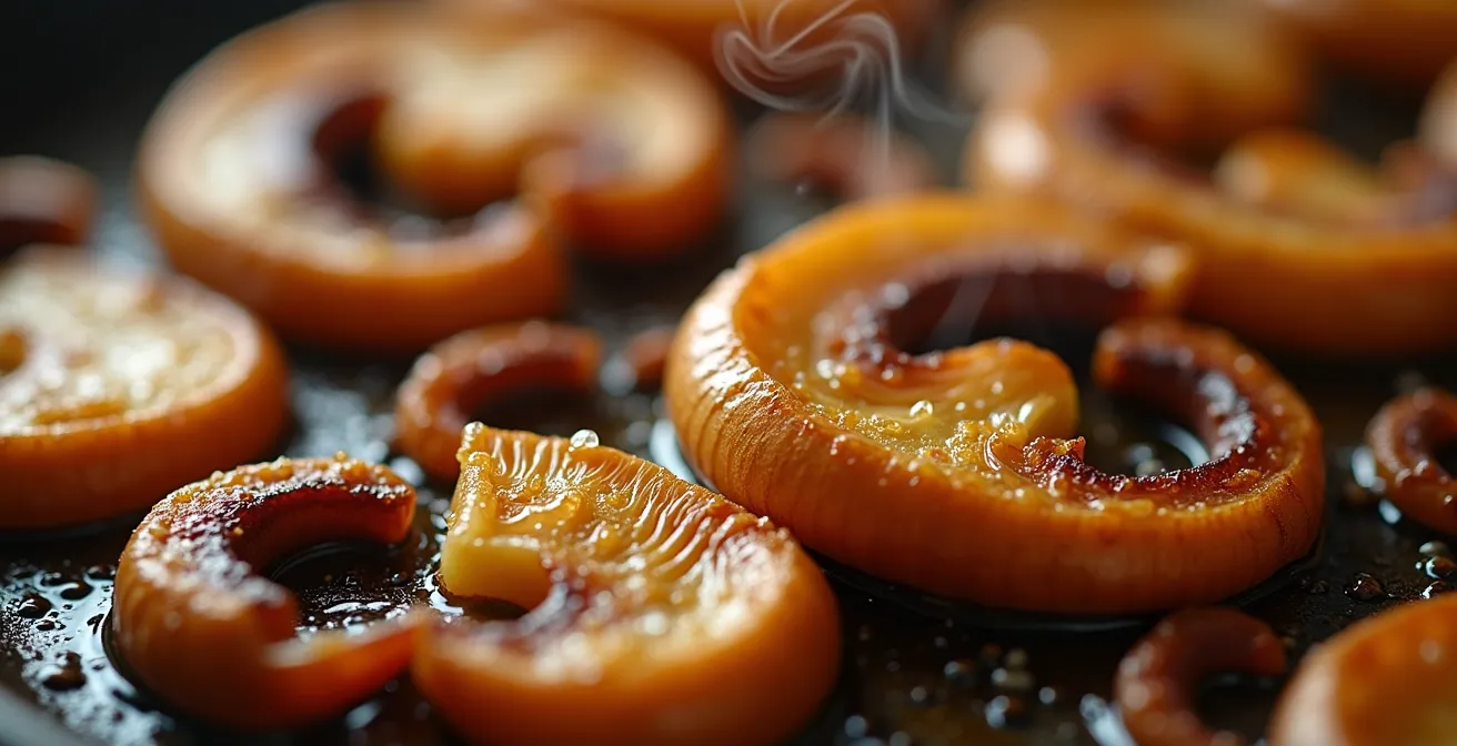 Extreme close-up of perfectly caramelized mushroom surfaces showing golden-brown crispy edges and concentrated umami browning