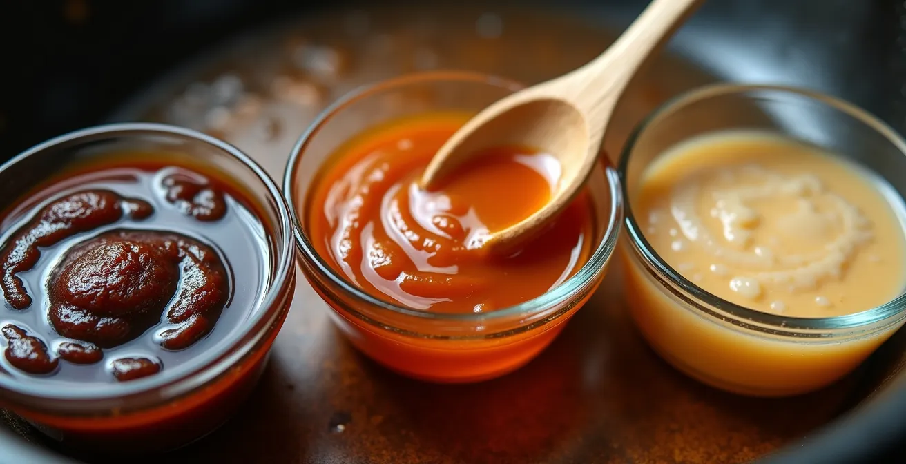 Close-up of premixed stir-fry sauce in glass bowls ready for quick cooking