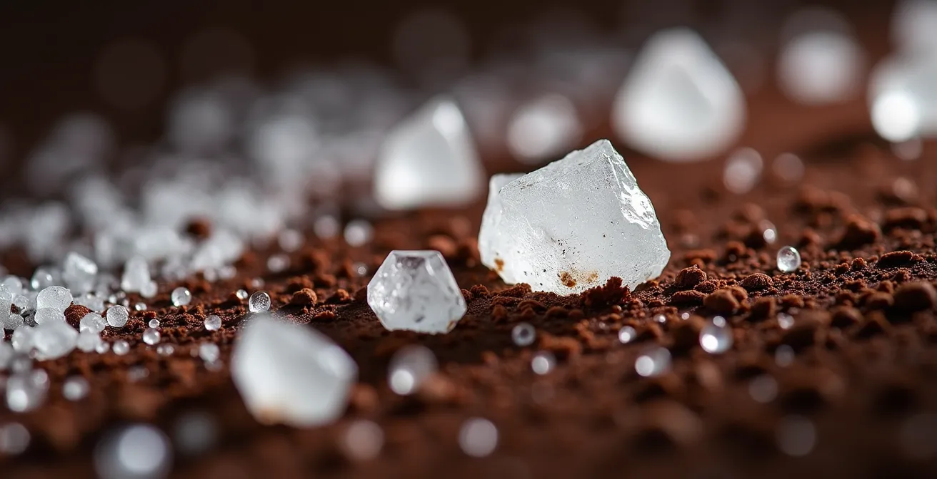 Extreme close-up macro photograph of flaky sea salt crystals scattered on dark chocolate shavings and coffee grounds, illustrating the interaction between salt and bitter elements.