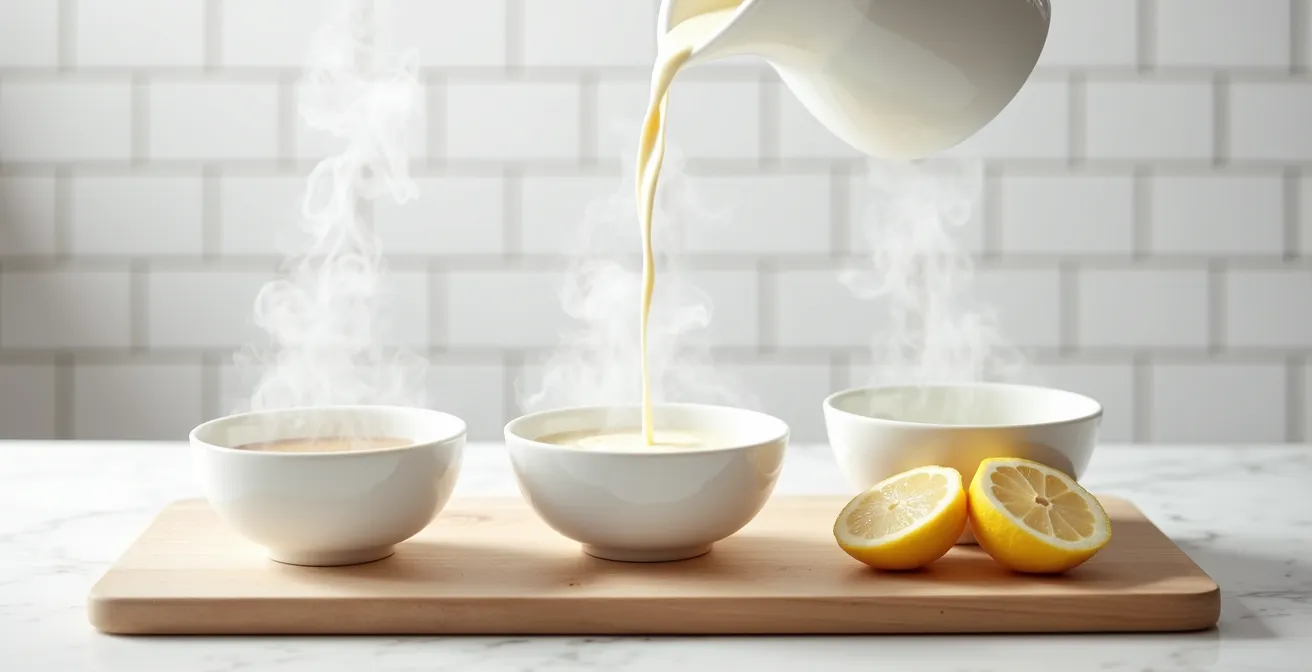 A minimalist kitchen counter displaying three professional techniques for correcting over-salted food: a bowl of clear broth for dilution, cream being poured for fat balancing, and fresh lemons for acid balancing.
