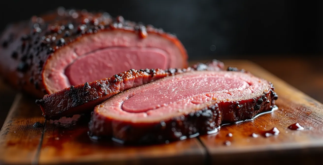 Macro shot of sliced brisket showing pink smoke ring layer