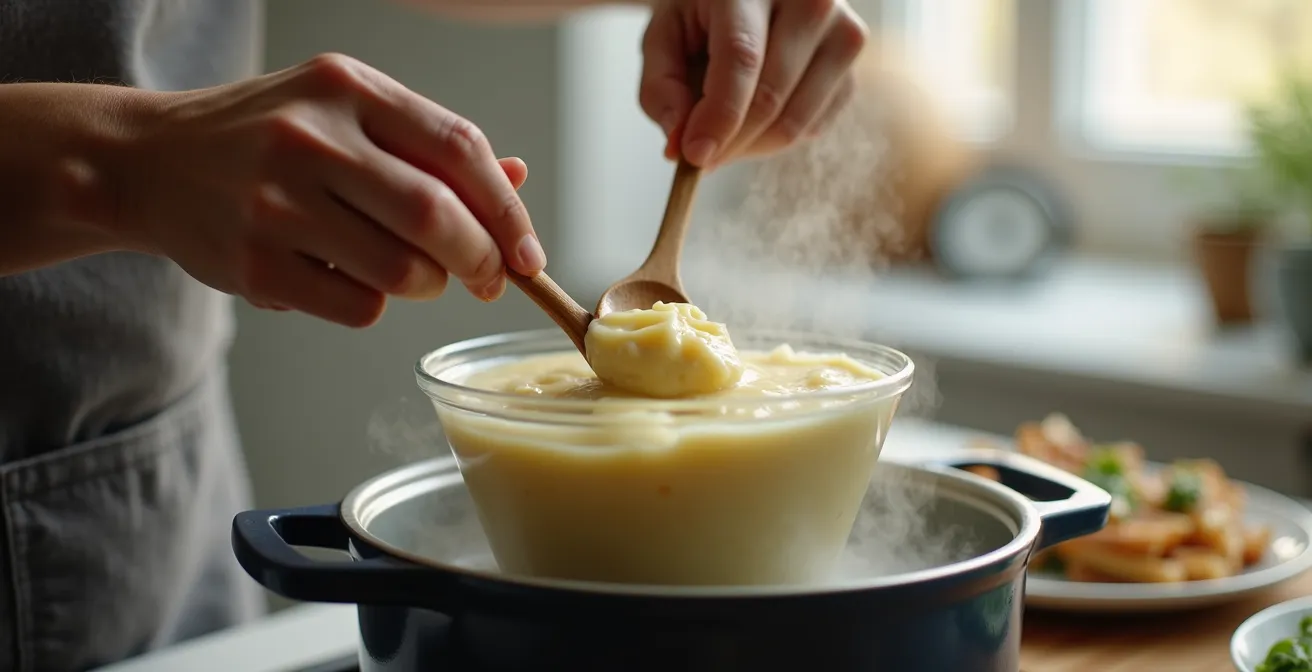 Professional bain-marie setup keeping mashed potatoes warm with visible steam