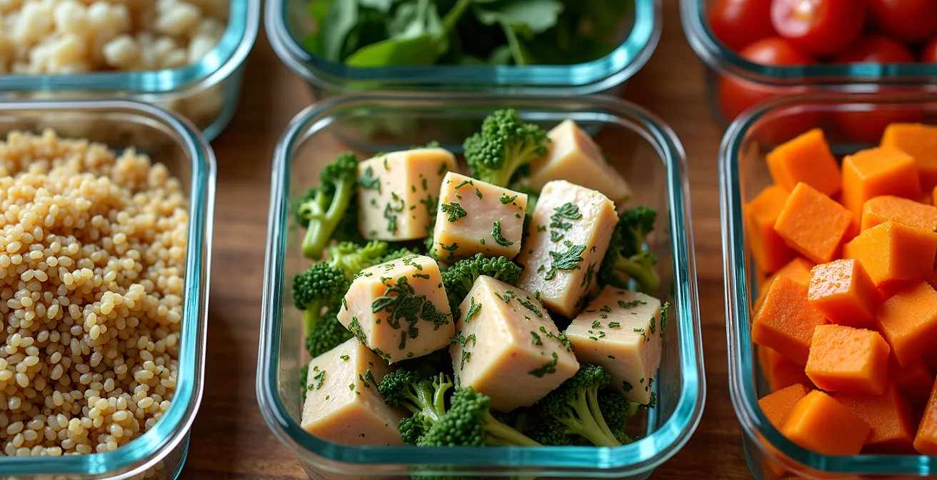 Overhead view of organized meal prep station with multiple containers of chopped vegetables, cooked grains, and marinated chicken, ready for the week.