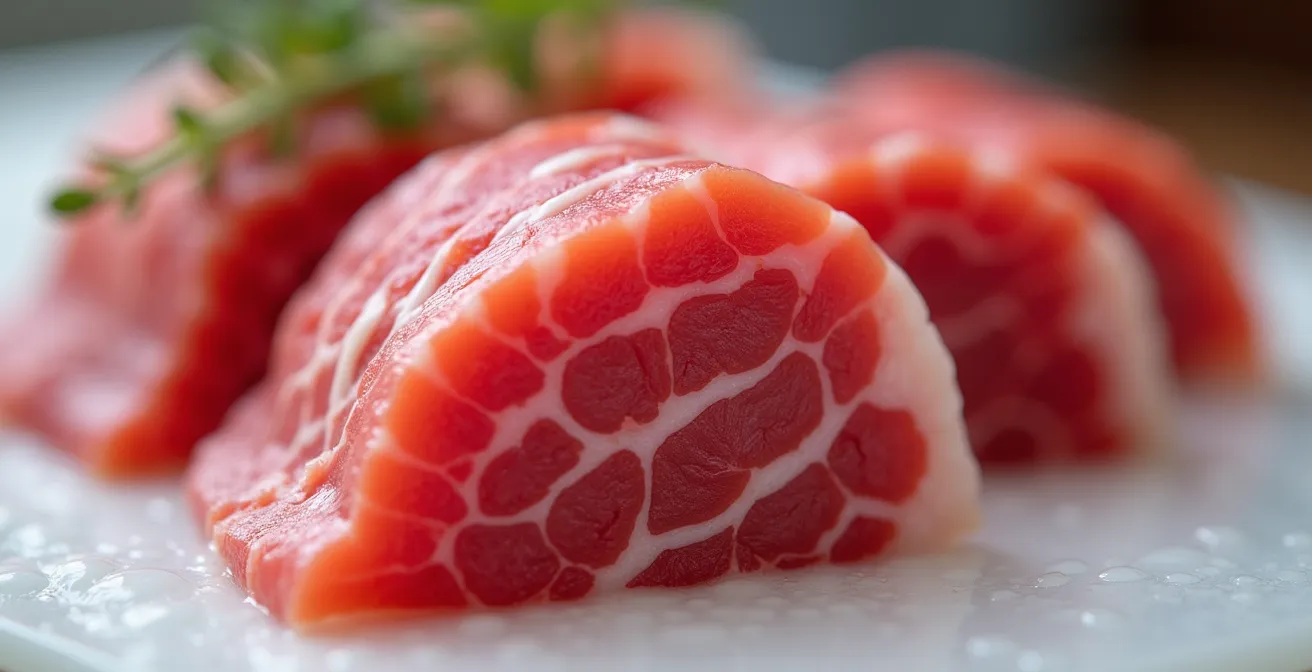 Extreme close-up of fresh tuna showing marbling and texture