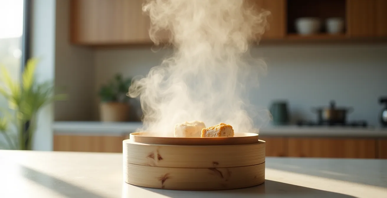 Tempeh pieces being steamed in a traditional bamboo steamer