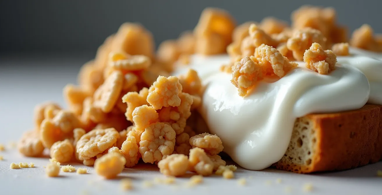 Close-up of contrasting food textures showing crunchy and creamy elements