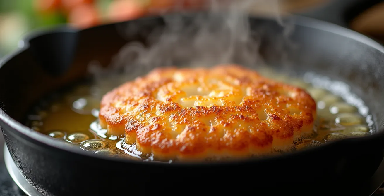 Cross-section view of cast iron Dutch oven showing heat retention with oil bubbling around food